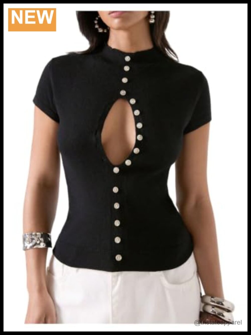 Women's Cutout Knit Top Mock Neck Short Sleeve Ribbed Slim Fit